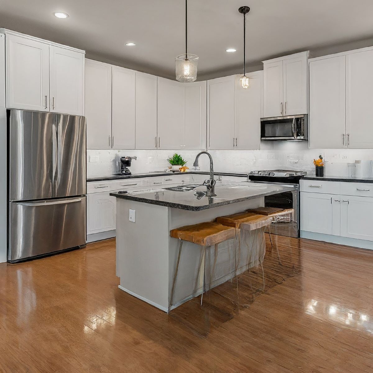 A modern kitchen featuring white cabinets, stainless steel appliances, and wooden flooring. A central island with a built-in sink has two wooden stools. Pendant lights hang above, and a plant decorates the counter.