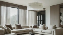 A modern living room with a large L-shaped beige sofa, a soft rug, and a round wooden coffee table. Sheer curtains cover tall windows, and a white pendant light hangs from the ceiling, creating a calm and cozy atmosphere.