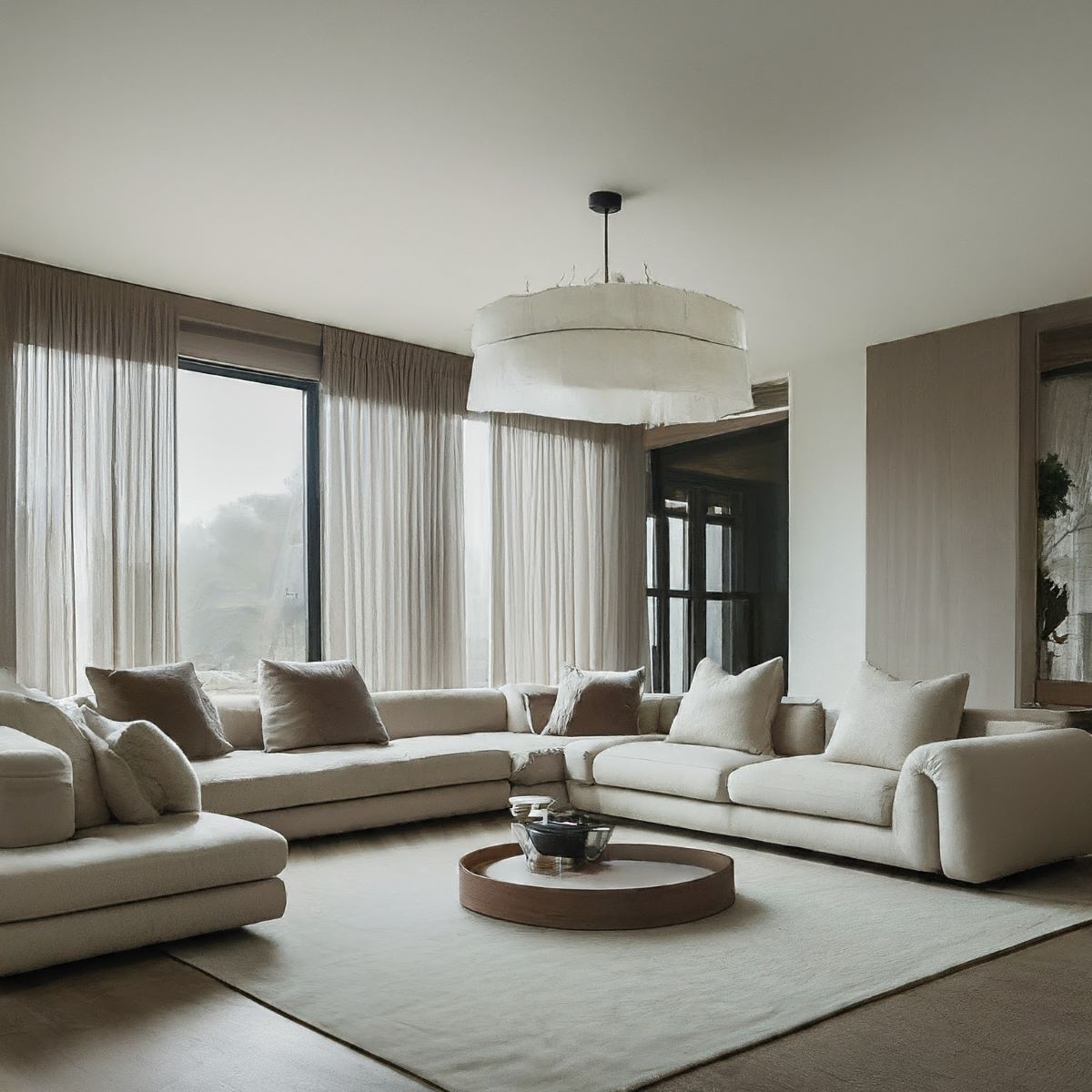 A modern living room with a large L-shaped beige sofa, a soft rug, and a round wooden coffee table. Sheer curtains cover tall windows, and a white pendant light hangs from the ceiling, creating a calm and cozy atmosphere.